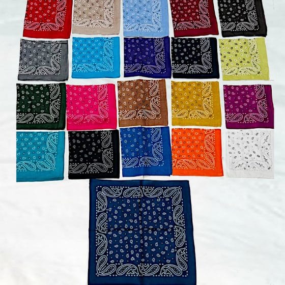 Buy COTTON Bandana Scarf STYLISH, TREDY MULTICOLOR BANDANA FOR MULTPURPOSE USE FOR MENS & WOMENS Material : Cotton Pattern : Printed Size : 50 X 50 cms (21 X 21 inch) Weight of each piece is coming up 0.025 gram Colours : 21 colours available EACH COLOUR = 400 pcs TOTAL 10,000 PIECES IN READY STOCK AVAILABLE Buy Cotton bandana in wholesale price plus GST in india Indian cotton Bandana Scarf, Foulard, Neckerchief, Necktie Face Mask, Hijab, Hand Made Gift for mens & womens